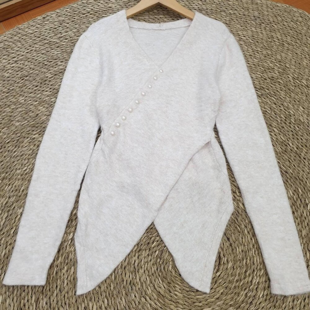 Pearl Button Asymmetric Wrap Knit Top Soft Elegant Sweater